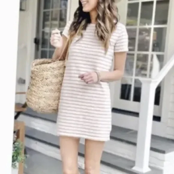 Universal Thread Women's Striped Short Sleeve T-Shirt Dress White And Beige - Picture 3 of 8